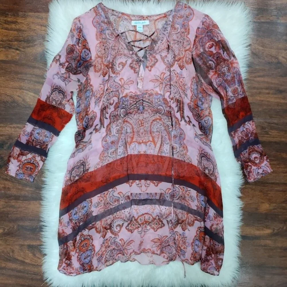 Charlie Jade Silk Womens Paisley Print Boho Tunic Dress M Pink & Red - Picture 2 of 9